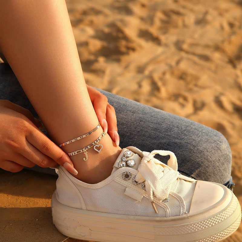 Wremily Initial Ankle Bracelets for Women Waterproof 14K Gold Plated Dainty Layered Figaro Chain Letter Initial CZ Heart Ankle Bracelets Set Summer Beach Jewelry for Women - Image 5